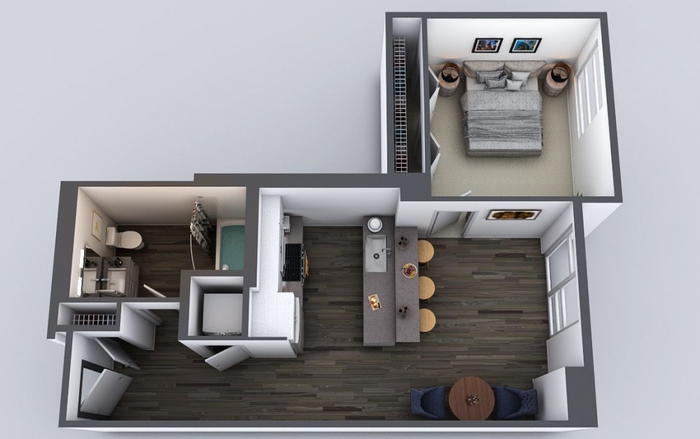 A2 - 1 bedroom floorplan layout with 1 bath and 734 square feet.