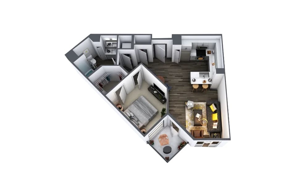 A3 - 1 bedroom floorplan layout with 1 bath and 673 to 725 square feet.