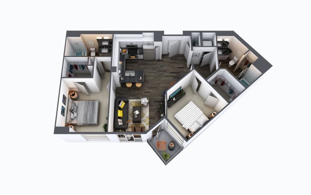 C2 - 2 bedroom floorplan layout with 2 baths and 1015 square feet.
