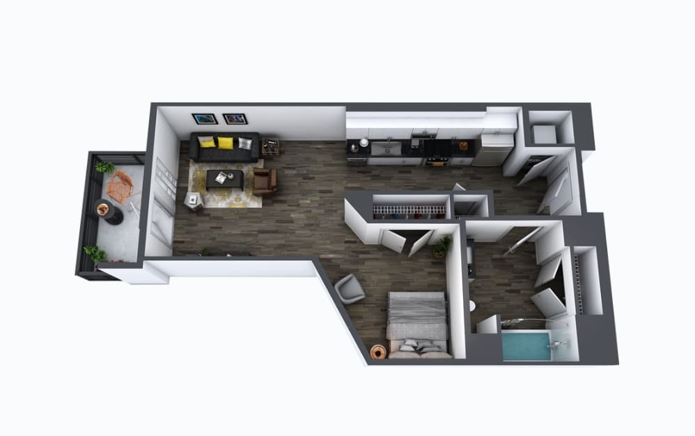 S1 - Studio floorplan layout with 1 bath and 598 square feet.