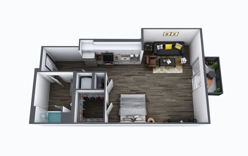 S3 - Studio floorplan layout with 1 bath and 598 square feet.